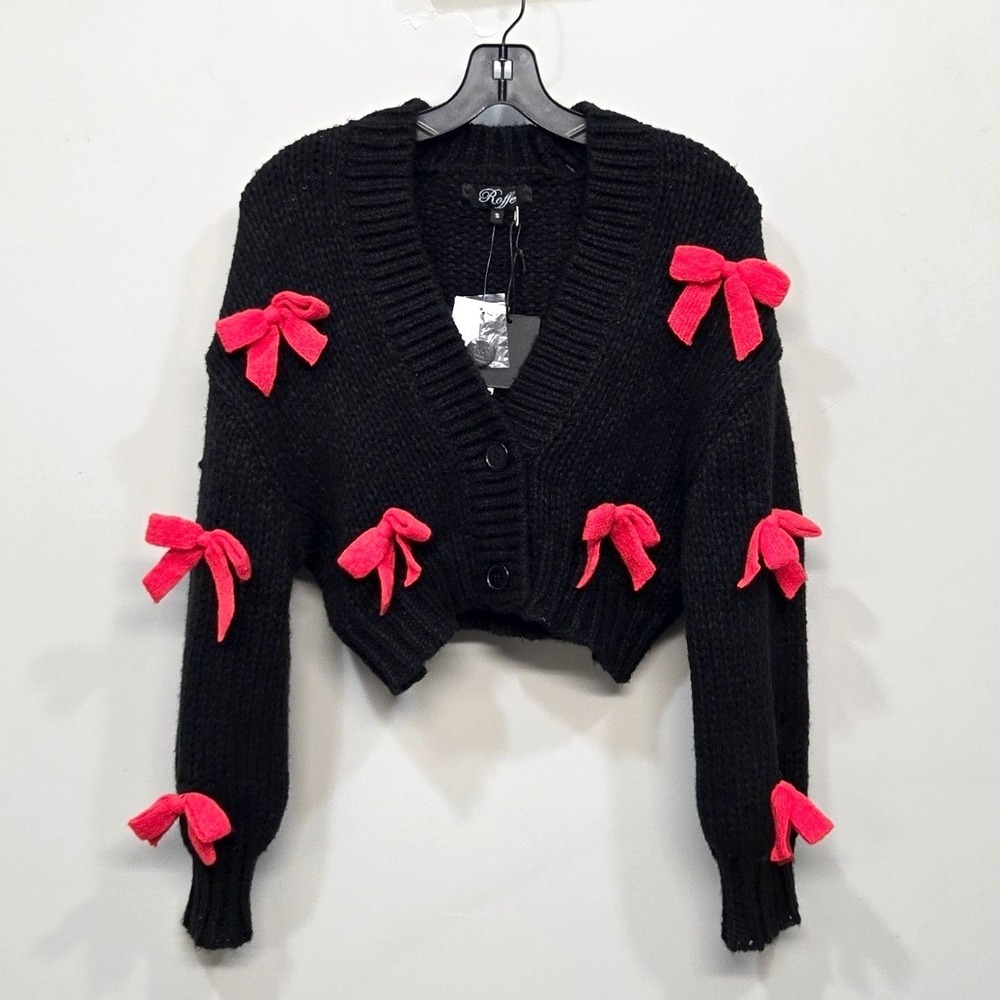 Roffe Anthropologie 3D Bow Cardigan Sweater Small Black Red Cropped Coquette NWT